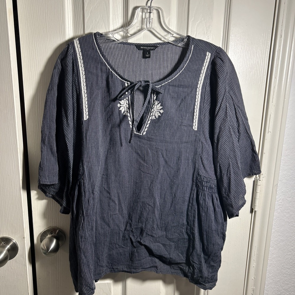 Banana Republic Shirt Womens Large Blue Short Sleeve Popover‎ Boho Office